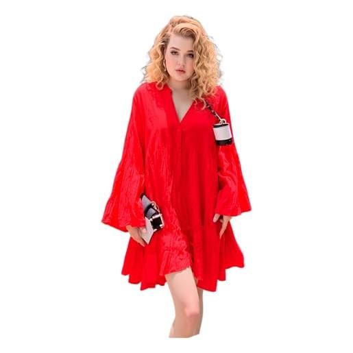 Antica Sartoria Positano antica sartoria - abito corto da donna in mussola di cotone, stile ibiza, bohémien, con maniche a 3/4, design e apertura frontale, elegante e femminile, rosso, taglia unica