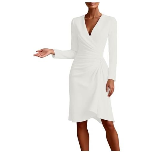 Bauzuoyo abito da donna elegante a maniche lunghe, lungo, abito da sera, con scollo a v, sexy, linea midi a, a vita alta, abito da cocktail plissettato, abito da festa, leggero, casual, bianco, m