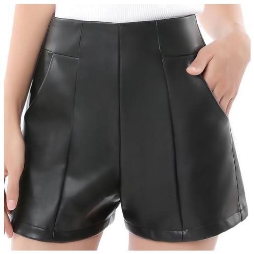 Everbellus vita alta pantaloncini pelle shorts larghi in ecopelle con tasca per donna nero x-large