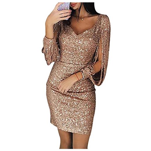 MISSMAO abito corto donna elegante abiti manica lunga vestito con paillettes abiti da sera cocktail per festa da sposa cerimonia ballo festa carnevale, oro rosa, m