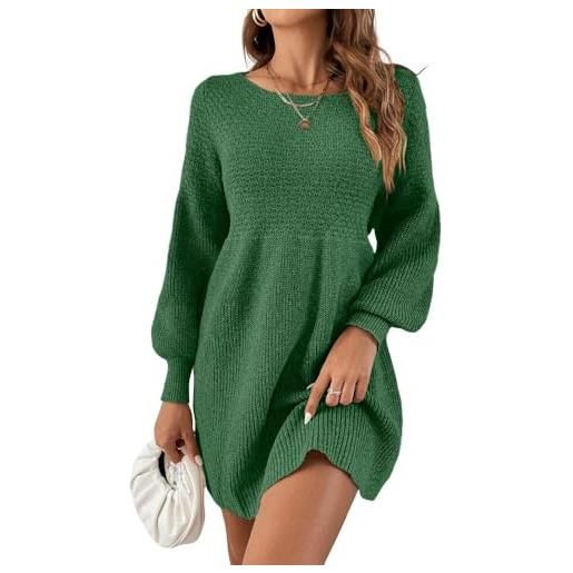 Saodimallsu abito da donna a maniche lunghe con scollo rotondo, maniche a palloncino, vita alta, pullover elegante, maglione in maglia, abito a linea, miniabito, verde, xl