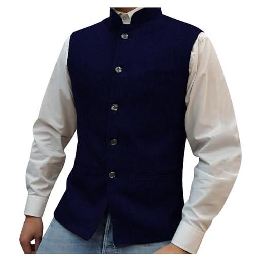 Foweknow - giubbotto in loden da uomo per costume tradizionale, senza maniche, con collo alto, sportivo, per matrimonio, eleganti, in lana, giacca da transizione, blu marino, l