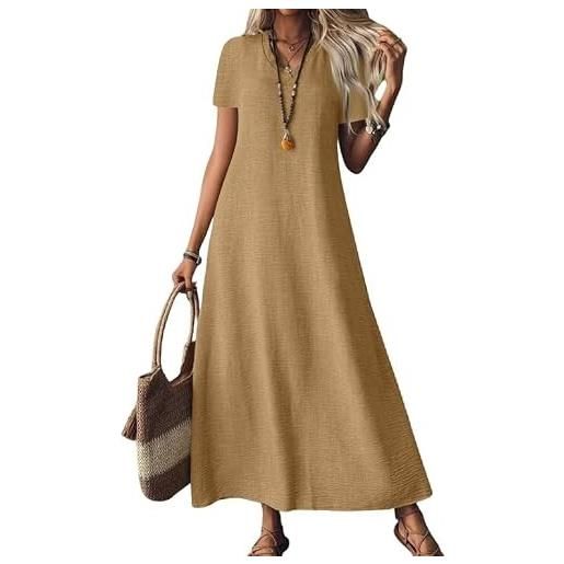 Generisch abiti in lino da donna 2025, scollo a v, maxi abito a maniche corte, casual, semplice, lungo e fluente, per spiaggia e vacanze, maxi abito estivo da donna estivo