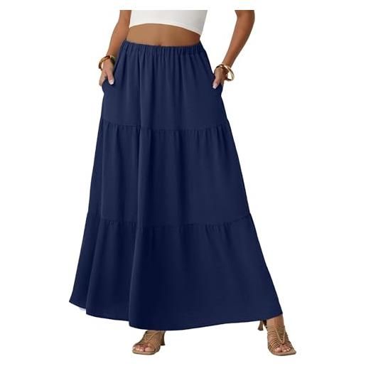 QIXING maxi gonna da donna in stile bohémien, a vita alta, linea ad a, casual, con tasche, spiaggia e vacanze