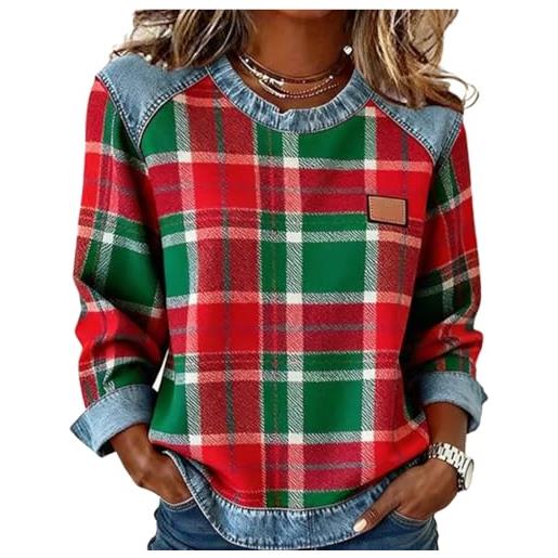 HanzhuoOu felpa da donna in denim a quadri con cuciture a contrasto, moda retrò, girocollo, vestibilità ampia, taglie comode