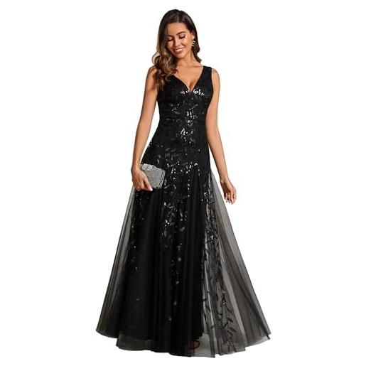 Ever-Pretty abito da sera lungo da donna con paillettes tulle doppio scollo a v senza maniche sirena 07886