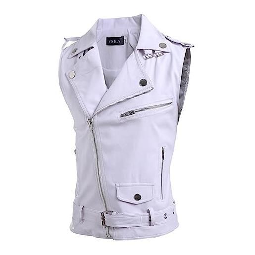 Gefomuofe gilet da motociclista in pelle di vacchetta, classico nero con lacci laterali e tasche nascoste, punk biker, bianco, xl