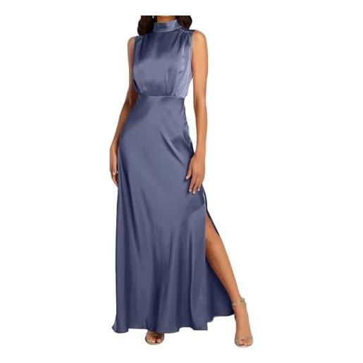 BDSCZW abito da donna elegante in raso, senza maniche, a vita alta, per matrimonio, formale, per cocktail, per feste, z-grigio blu, l