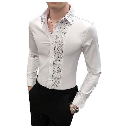 Vogrtcc camicia da smoking da uomo a maniche lunghe in pizzo con giunture da uomo white l