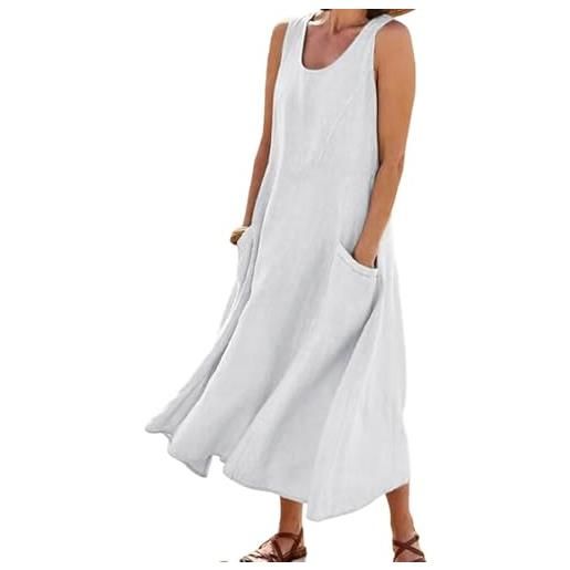Generico abiti estivi da donna 2025, maxi dress senza maniche in cotone e lino, casual largo monocromatico taglie forti con tasche (white, m)
