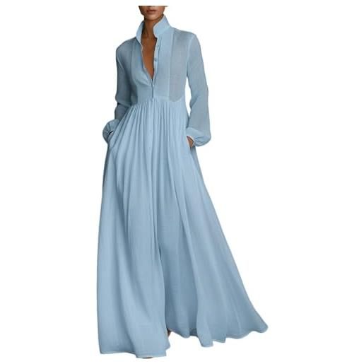 Generic vestito lungo elegante in lino e cotone per donna, con patchwork, camicia a maniche lunghe, colletto stretto, con tasche, abito da sole a colore solido, elegante vestito estivo da spiaggia e da