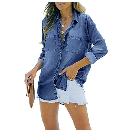 Feziakuk camicia da donna in jeans a maniche lunghe, morbida, in denim, casual, per primavera, autunno, con tasche sul petto