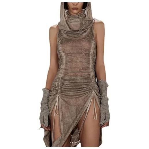 Vagbalena con guanti colore sabbia da donna sexy abiti vintage con cappuccio sexy senza maniche design con coulisse taglio unico abiti da festa slim perfetti (kaki, l)
