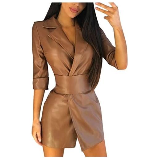 Vhersily abito da donna in pelle - vestiti donna ecopelle con collo largo, manica media, giubbino cintura, giacca similpelle moto giacche vintage