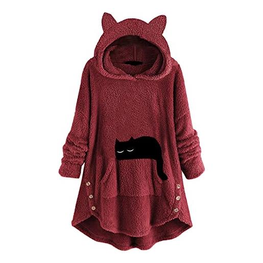 Generisch felpa con cappuccio da donna con orecchie di gatto, in pile, con stampa carina, a maniche lunghe