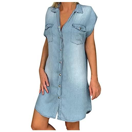 Generic abito in jeans da donna, estivo, lunghezza al ginocchio: camicia in jeans da donna, sciancrato, a maniche corte, vintage, elegante, in denim i506