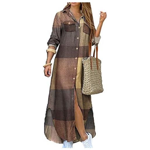OMZIN abito chemisier da donna casual in cotone e lino abbottonato abiti lunghi larghi con tasche cachi xxl