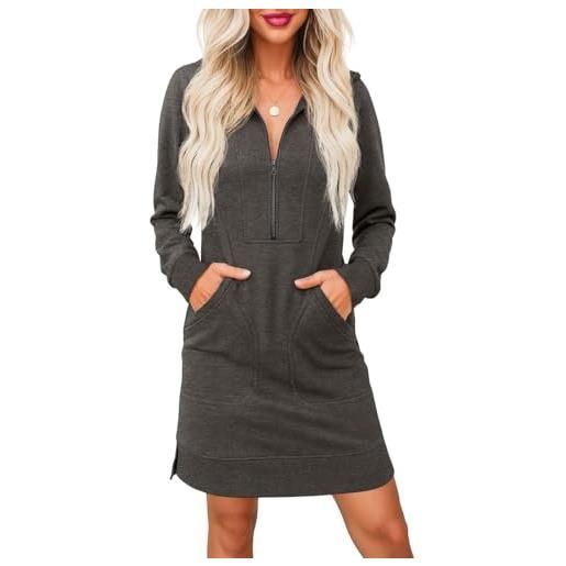 PrinStory abito maglione da donna uk a maniche lunghe con mezza zip scollo a v abito in felpa con tasche laterali, grigio scuro, s
