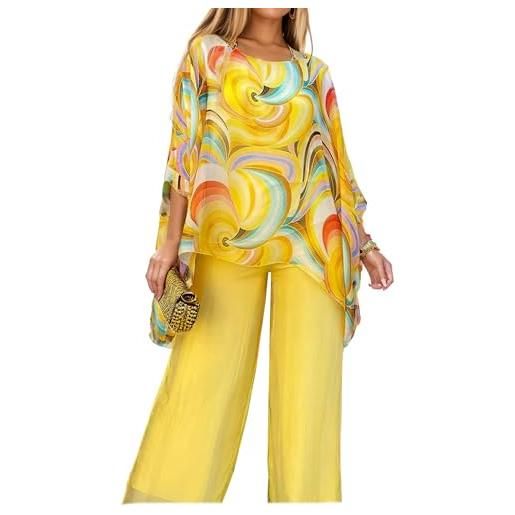 Generic donna colorata pittura a olio chiffon 2 pezzi set elegante matrimonio ospite gamba larga pantsuit cocktail party abiti (giallo, medio)