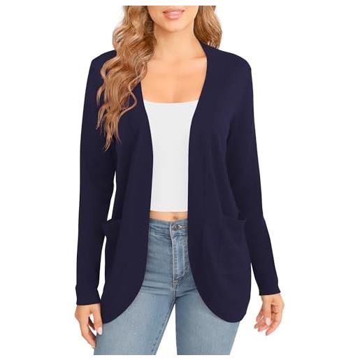 EXCHIC donna elegante leggero maniche lunghe cardigan orlo curvo fronte aperto lunghi maglioni con tasche
