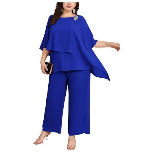 Hanna Nikole - elegante completo da sera per donna, taglia grande, set da 2 pezzi, abito da cocktail, per feste, pantaloni festivi, camicia in georgette a due pezzi e pantaloni a vita alta, blu reale