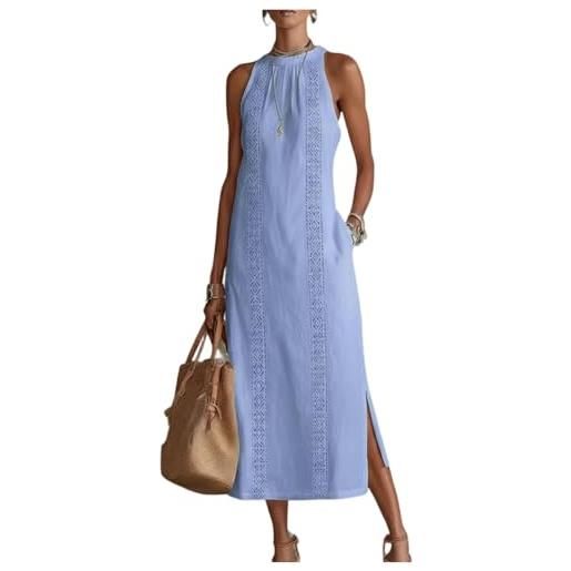 Vasreyy vestito da lungo smanicato in cotone e lino con inserto pizzo dritta collo