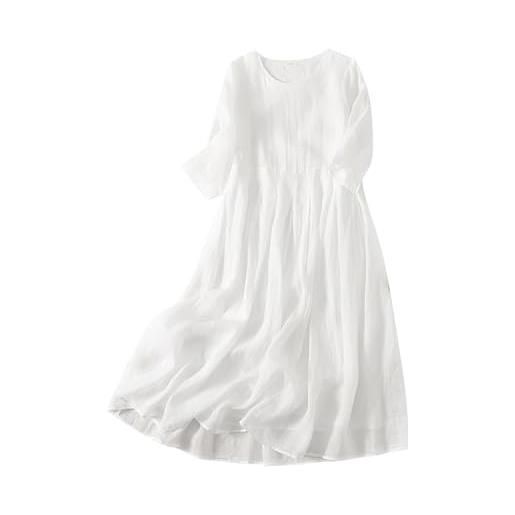 Generic vestito lungo donna in cotone e lino abiti lunghi abito casual lungo da donna con scollo tondo in cotone e lino a doppio con orlo fluido vestiti lunghi casual abito estivo elegante