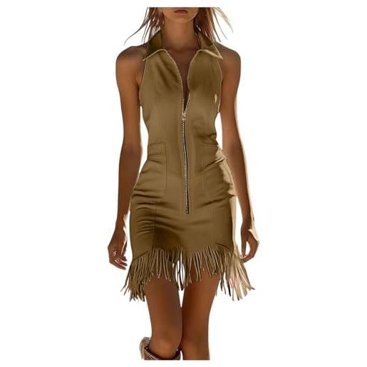 VPQILH vestito donna estivo, abiti in scamosciato, risvolto vestiti con cerniera, senza maniche boemia allentato abito con nappine, alla moda, slim fit, vintage, western country