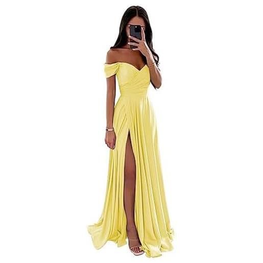 ECDAHICC abito da damigella d'onore senza spalline per donna, in raso, con lungo spacco, elegante abito formale da sera, linea ad a, per matrimoni e feste, giallo chiaro, m