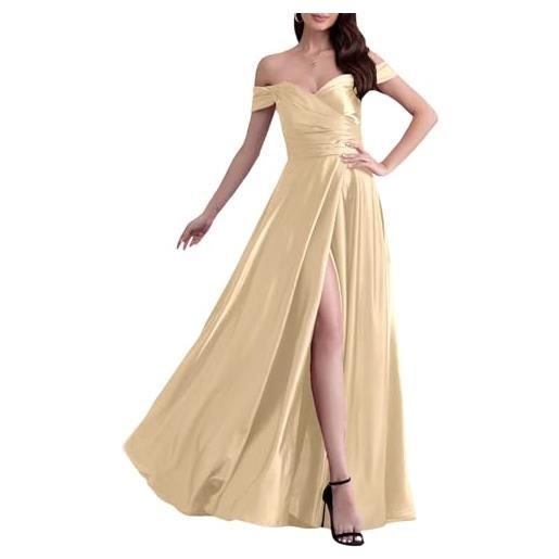 ECDAHICC schulterfreies brautjungfernkleid for damen satin langer schlitz elegantes formelles abendkleid a-linie hochzeits und partykleid