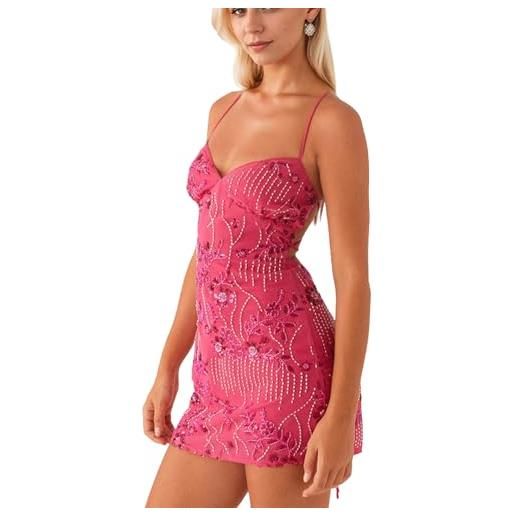 calbatic mini abito da donna con paillettes scintillanti e strass, senza maniche, schiena scoperta, profondo scollo a v, glitterato, corto, per feste e discoteche, rosa caldo, m