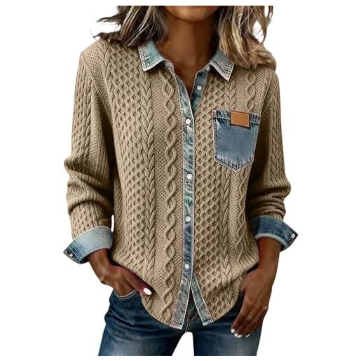 Generic maglione da donna in denim patchwork con risvolto button down maglioni lavorati a maglia da donna casual a maniche lunghe
