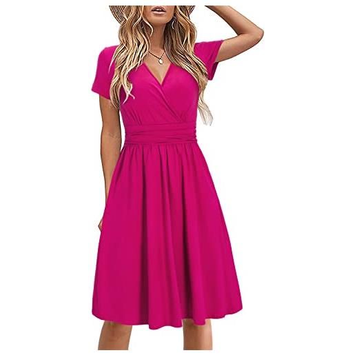 STYLEWORD abito donna estivo manica corta casual collo a v abito floreale con tasche(rosa, s)