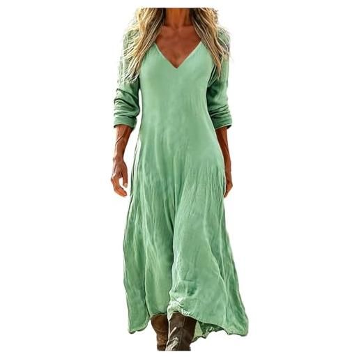 Generico vestito lino donna primavera estate abito lungo boho chic scollo a v manica 3/4 maxi vintage geometrico con tasche casual mare spiaggia vacanza taglie forti comodo elegante 2026