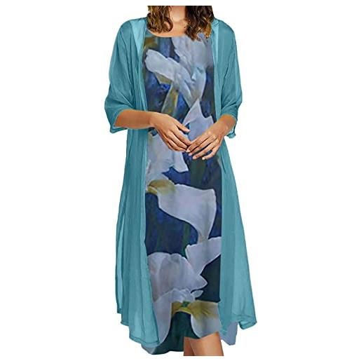 EGSDMNVSQ vestito estivo donna abito sciolto senza maniche retro abiti lunghi camicetta estivi vestiti stampato 2 pezzi tulle cardigan+midi vestito