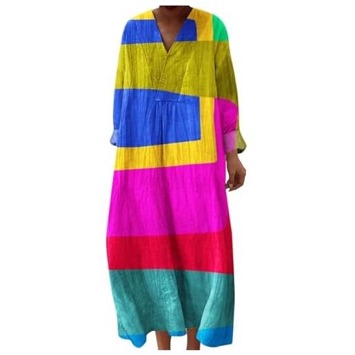 Generico abito lungo donna boho chic in lino scollo a v maniche lunghe, vestito maxi floreale vintage con tasche per spiaggia mare vacanza primavera taglie forti comodo elegante 2026