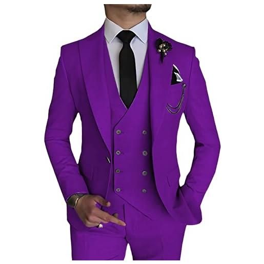 ZDJSWJ abito elegante 3 pezzi per uomo completo da ballo di matrimonio a doppio petto 1 bottone giacca gilet pantaloni completo formale, viola. , l