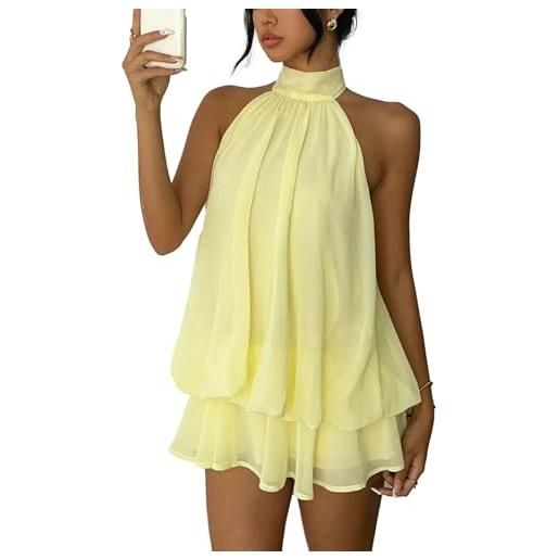 Generic abito da cocktail da donna, in chiffon, con scollo all'americana, senza maniche, estivo, senza maniche, con volant, mini abito da brunch