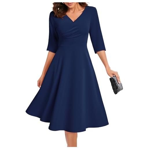 Bbonlinedress abito da cocktail da donna, abito da cerimonia nuziale, con scollo a v, maniche a 3/4, vintage, lunghezza al tè, abito da festa midi