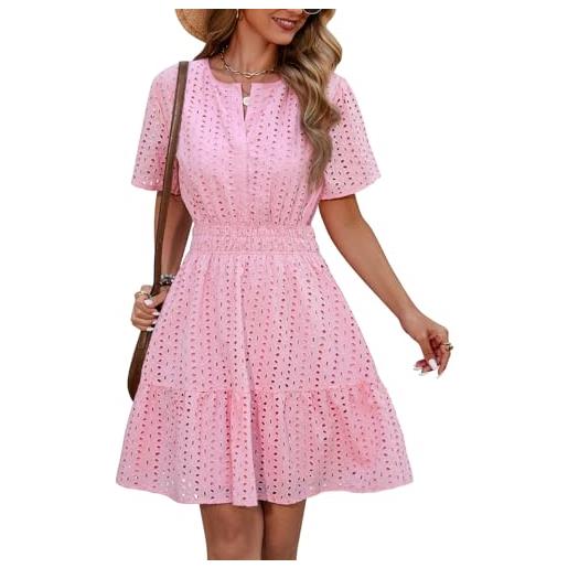Svanco vestito donna in cotone, abito estivo donna elegante con scollo a v e motivo traforato, abito cerimonia donna per matrimonio in spiaggia, casual, feste e vita quotidiana