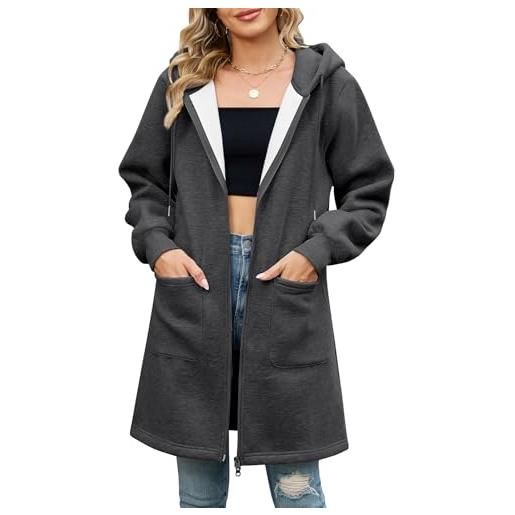 Vancavoo felpa lunga donna con cappuccio e zip bidirezionale | giacca casual con coulisse, polsini a costine e 2 tasche applicate, per primavera, autunno e ogni giorno