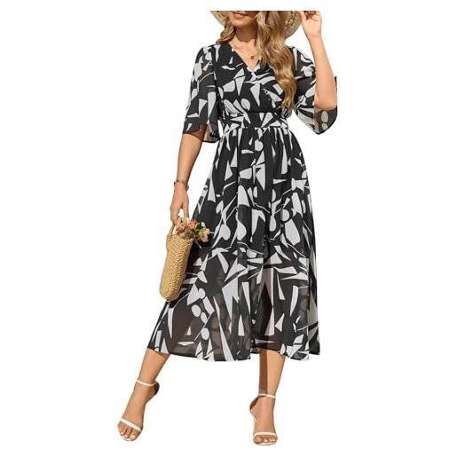 PASUDA abiti donna estivi vestiti manica corta vestito lungo elegante scollo a v boho stampa floreale elastico a vita alta abito da mare spiaggia casual cocktail party (quadrati neri, s)