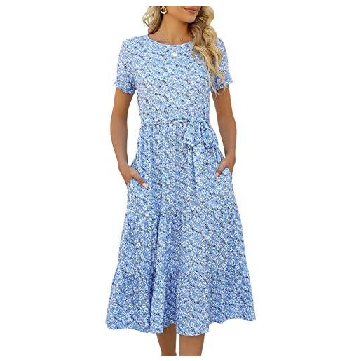Lyrur abiti da donna casual estate a più livelli midi abito manica corta con cintura increspature babydoll boho prendisole con tasche, margherita blu. , l
