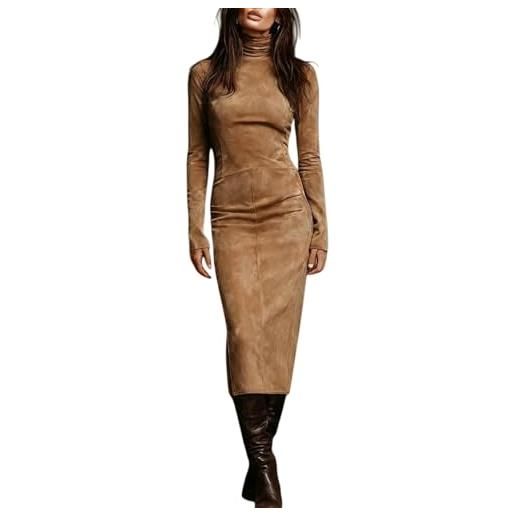 Generic abito da donna in camoscio a collo alto a maniche lunghe, aderente, stile vintage, per tempo libero, shopping
