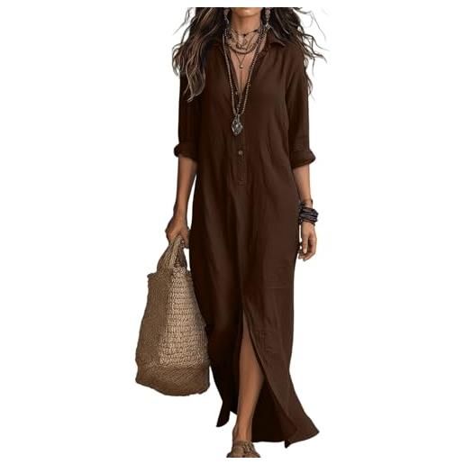 Generic abito da donna a maniche lunghe, elegante, estivo, leggero, a tunica, estivo, in cotone, lino, da spiaggia, da donna, casual, primavera, scollo a v, per il tempo libero, con spacco, 02 marrone. , l