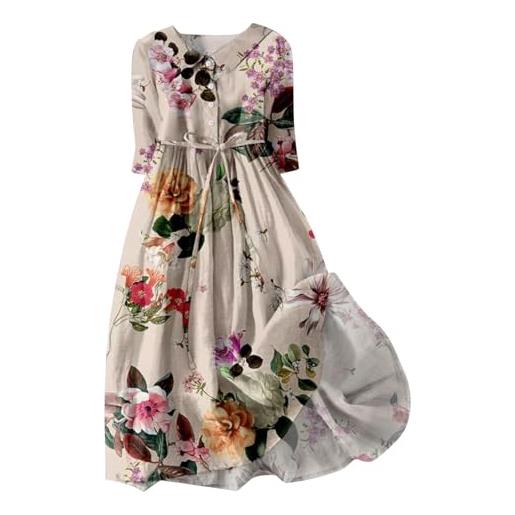 Generic abito di lino estate delle donne manica corta abito estivo abiti di lino midi donne cotone lino abito casual abiti da spiaggia abito a-line vestiti stampa floreale elegante vestito con cintura bottoni