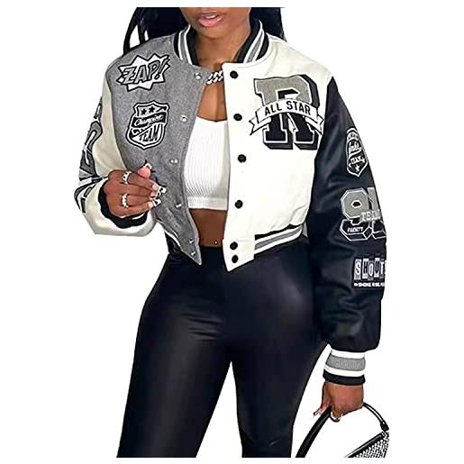 Vagbalena giacca da baseball corta da donna giacca varsity stampa piumino color block berretto da baseball y2k cappotto streetwear giacca leggera felpa (grigio, s)
