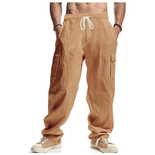 PADOLA pantaloni uomo cotone lino cargo spiaggia tasca multipla vita regolabile coulisse casual chino lungo estivo per mare e viaggio(s, sabbia scuro)