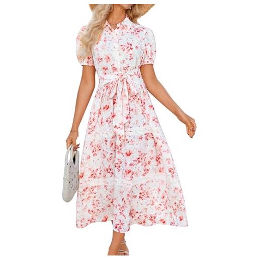 GRACE KARIN abito estivo da donna a maniche corte con stampa floreale, casual, con colletto polo, cintura in tinta, abiti boho con tasche, abito da spiaggia, maxi, a manica corta, fiore rosa. , l