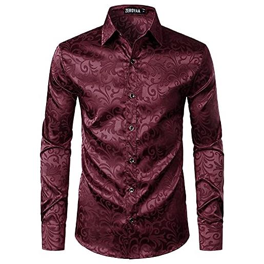 PARKLEES camicia da uomo a maniche lunghe slim fit con stampa floreale di lusso, tessuto di raso simile alla seta, versatile da indossare per matrimoni, feste, balli, affari, casual - xl, bordeaux, s